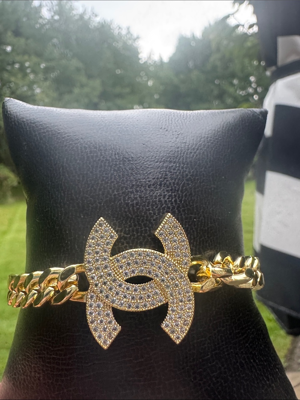 Gold  tone Pavé Interlocking Charm Cuban Link Bracelet -